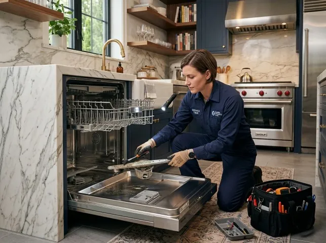 Appliance Repair Hero technician servicing a built-in dishwasher in a Andes, NY kitchen