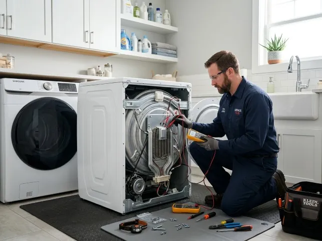 Appliance Repair Hero technician checking a dryer heating element with the rear panel off in Andes, NY