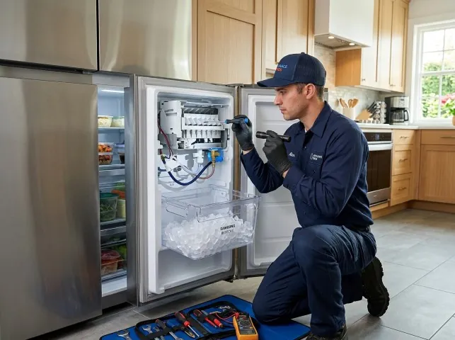 Appliance Repair Hero technician repairing a refrigerator ice maker in Andes, NY