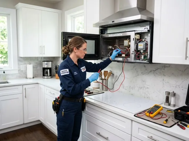Appliance Repair Hero technician testing an over-the-range microwave in a Andes, NY kitchen