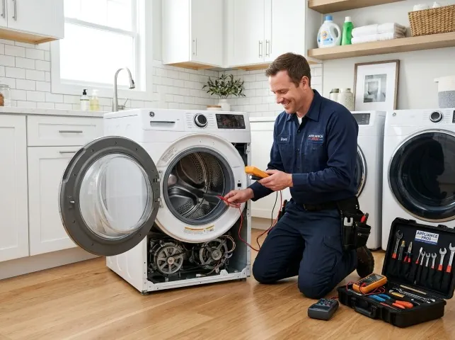 Appliance Repair Hero technician testing a front-load washer with a multimeter on a Andes, NY service call